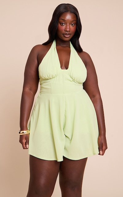 Plus Pale Lime Chiffon Halterneck Corset Detail Skort Romper