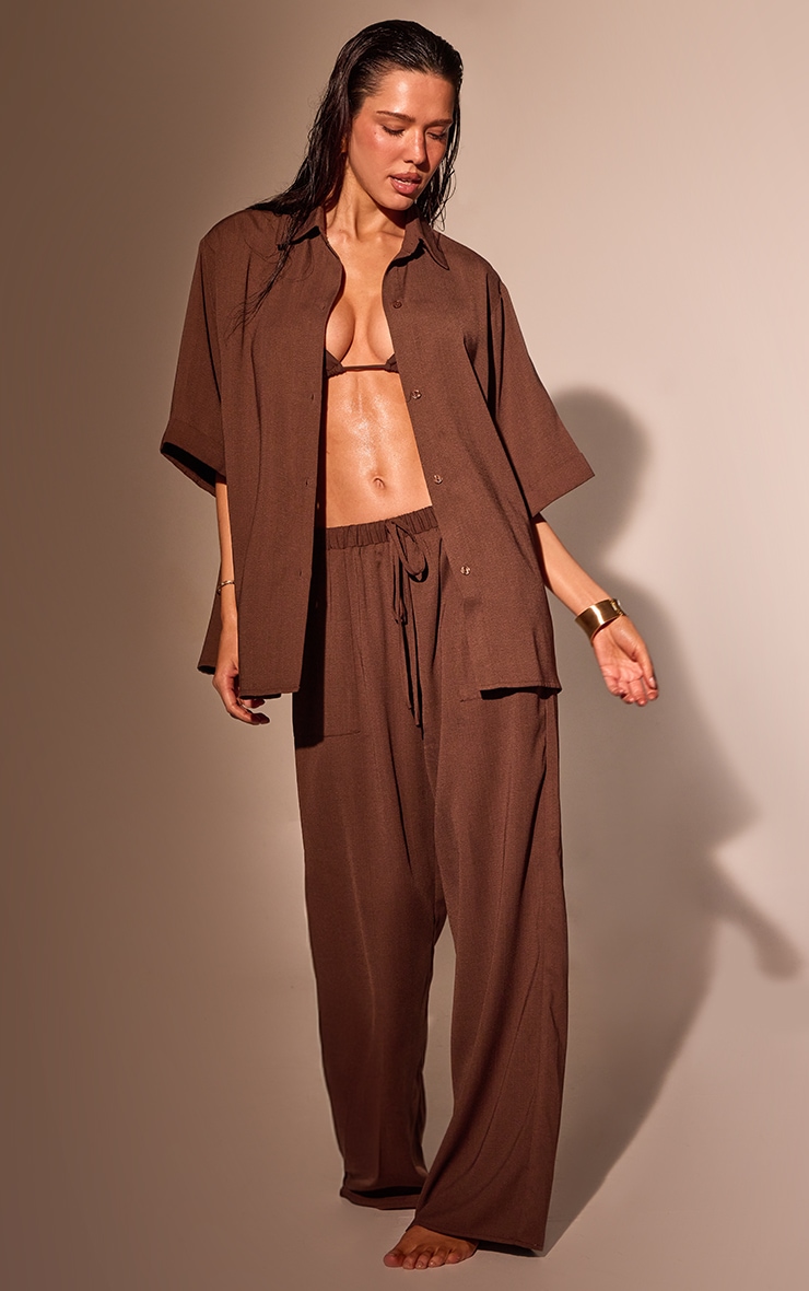 Espresso Linen Look Drop Shoulder Beach Shirt image 3