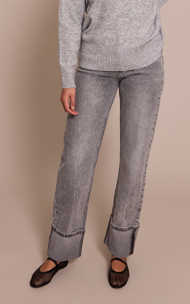 Tall Washed Grey Mid Rise Distressed Turn Up Hem Jeans image 2