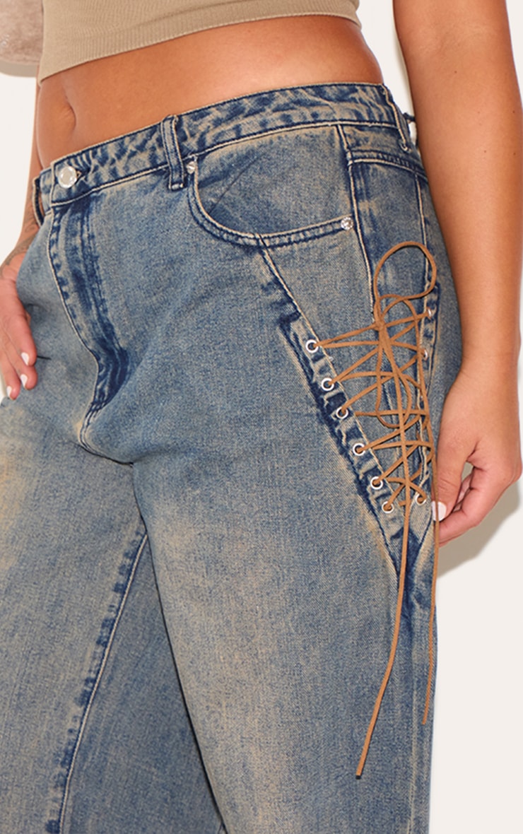 Plus Dark Blue Wash Lace Up Detail Wide Leg Jeans image 4