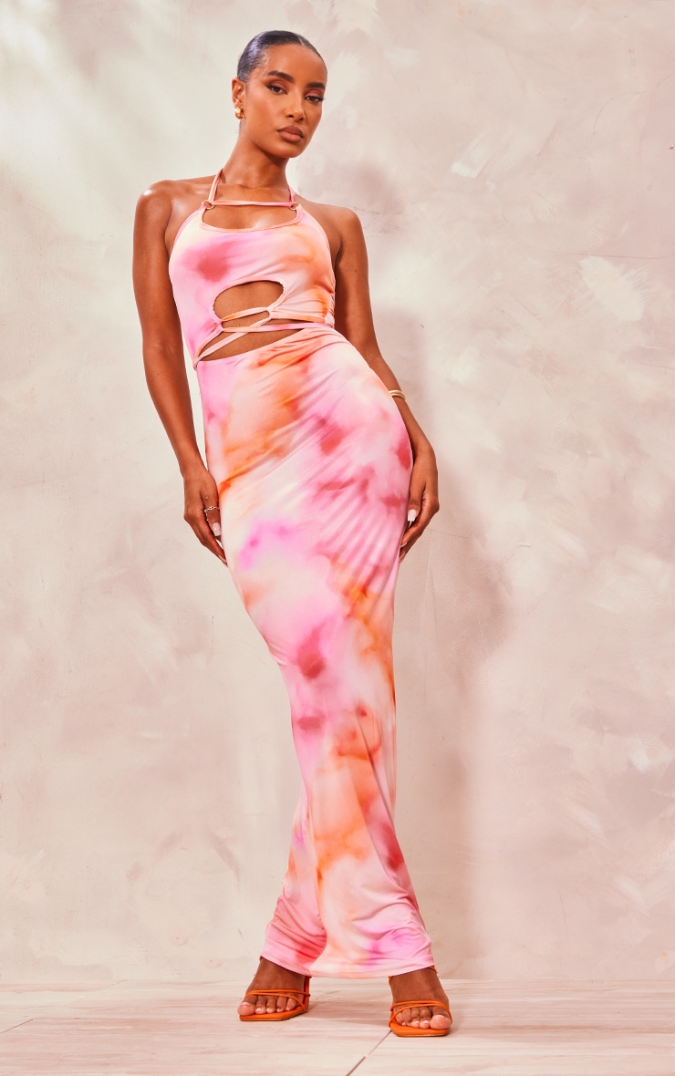 Multi Abstract Print Ring Tie Detail Strappy Maxi Dress image 1