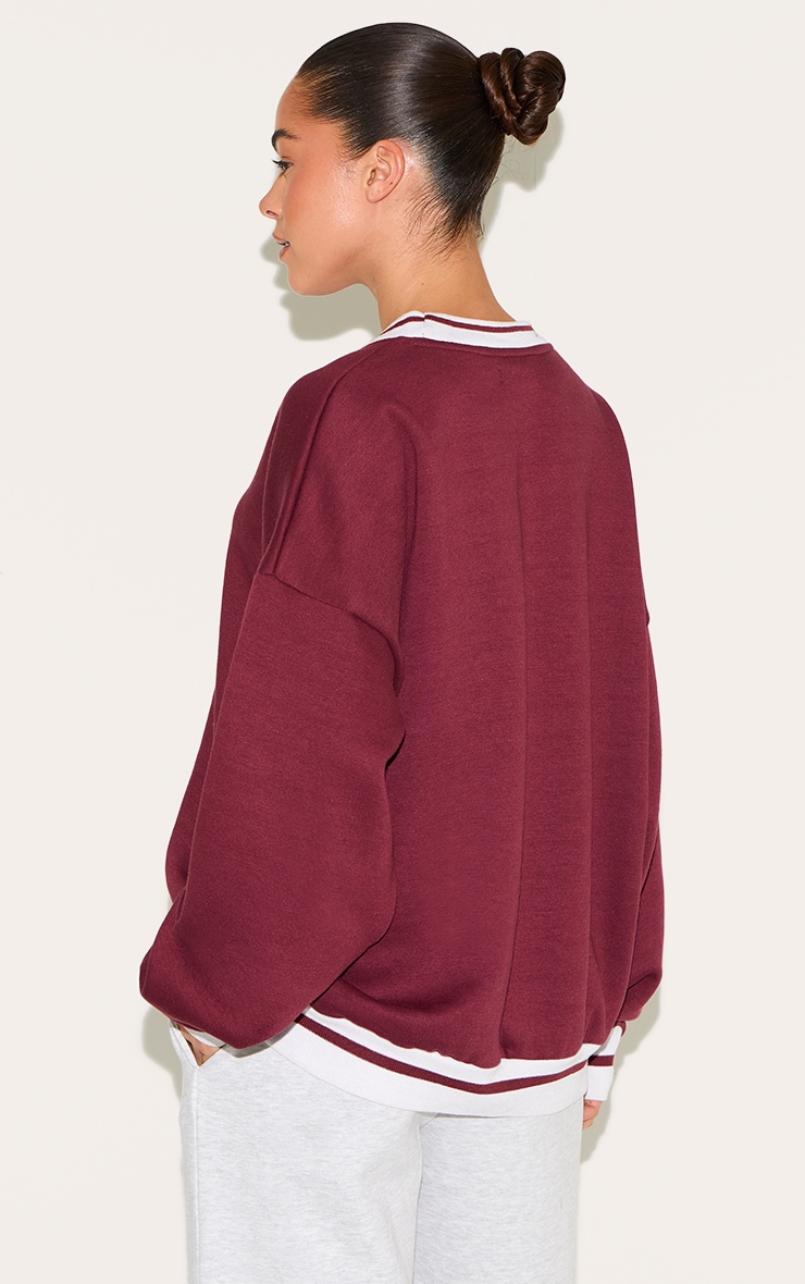 Burgundy Striped Ribbed Hem Oversized Sweatshirt image 2