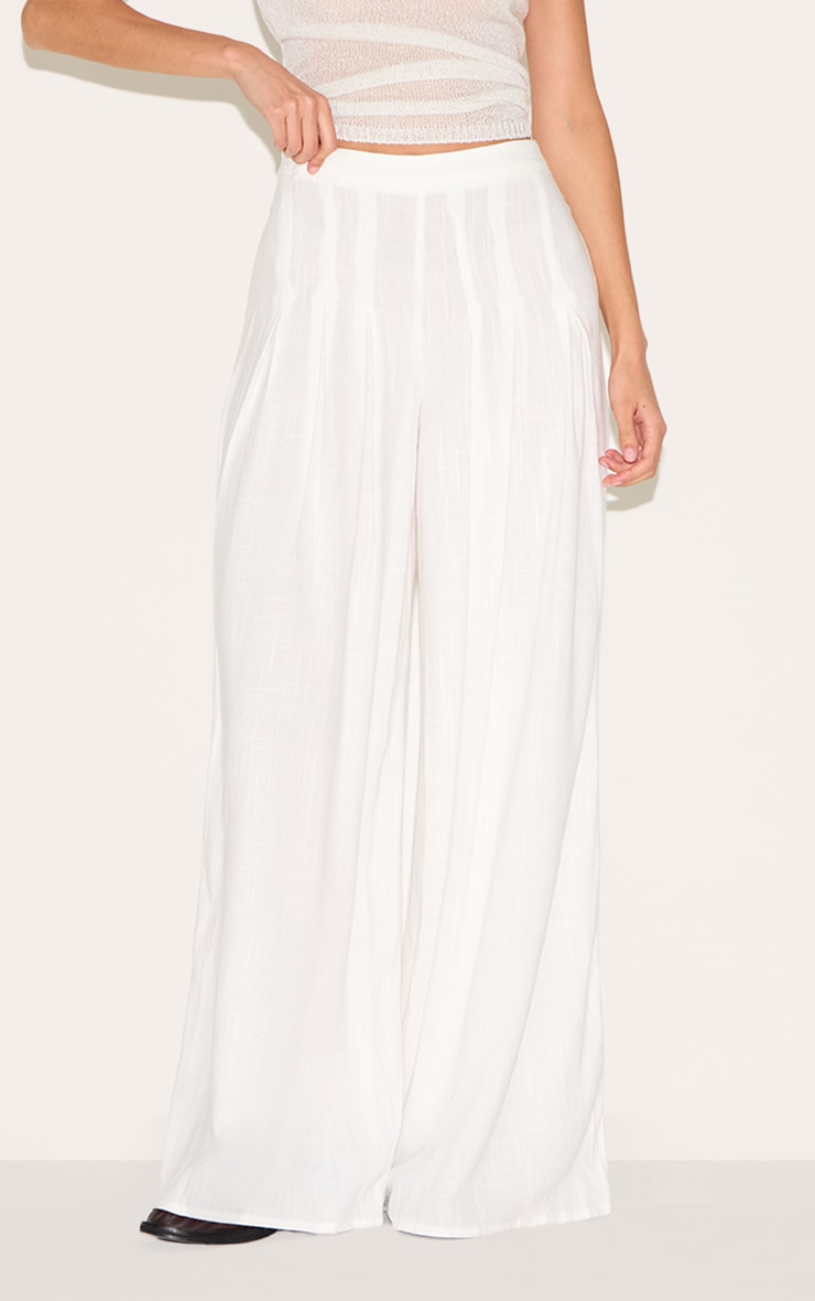 White Linen Blend Floaty Pin Tuck Wide Leg Pants image 2