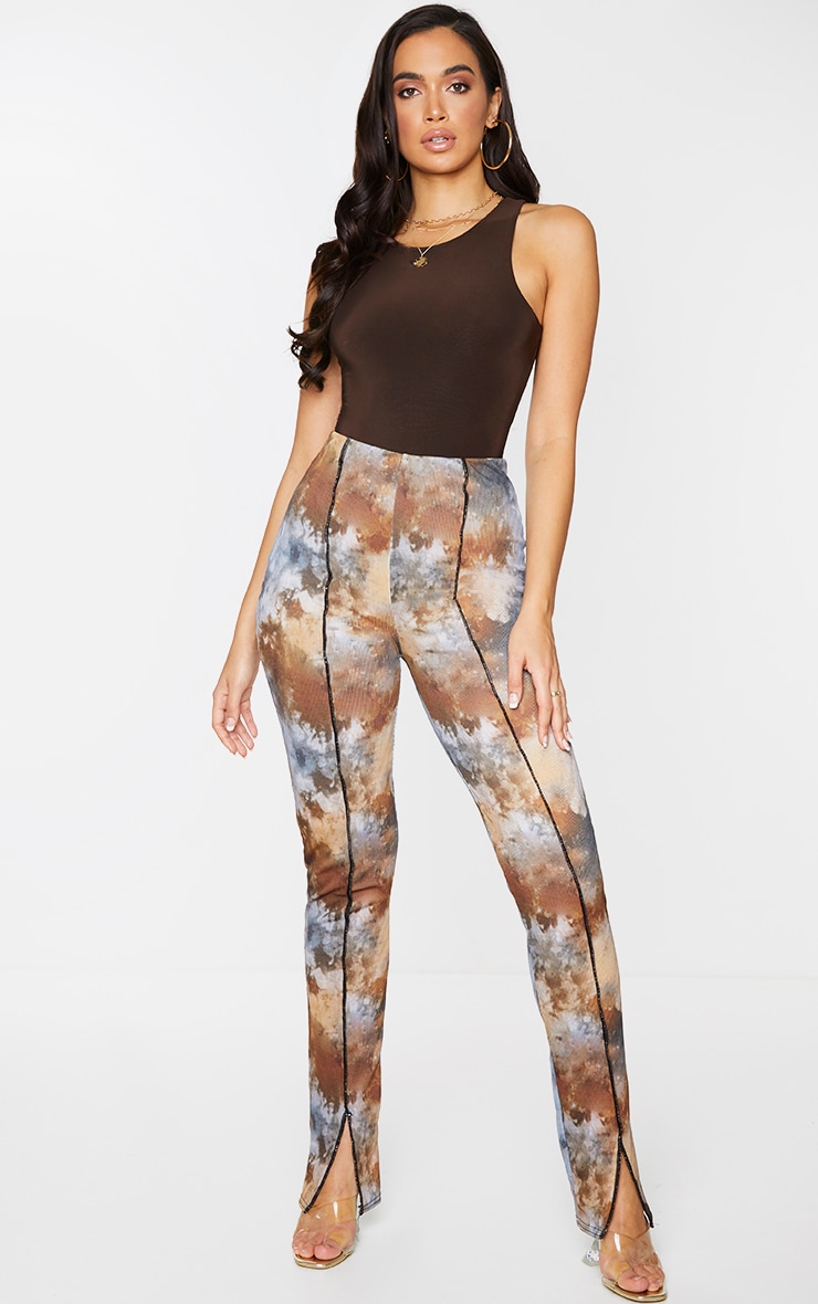 Tan Tie Dye Contrast Stitch Split Hem Skinny Pants