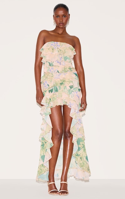 Yellow Printed Ruffled Bandeau Maxi Dress