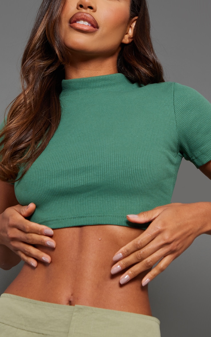  Dark Green Rib High Neck Short Sleeve Crop image 4