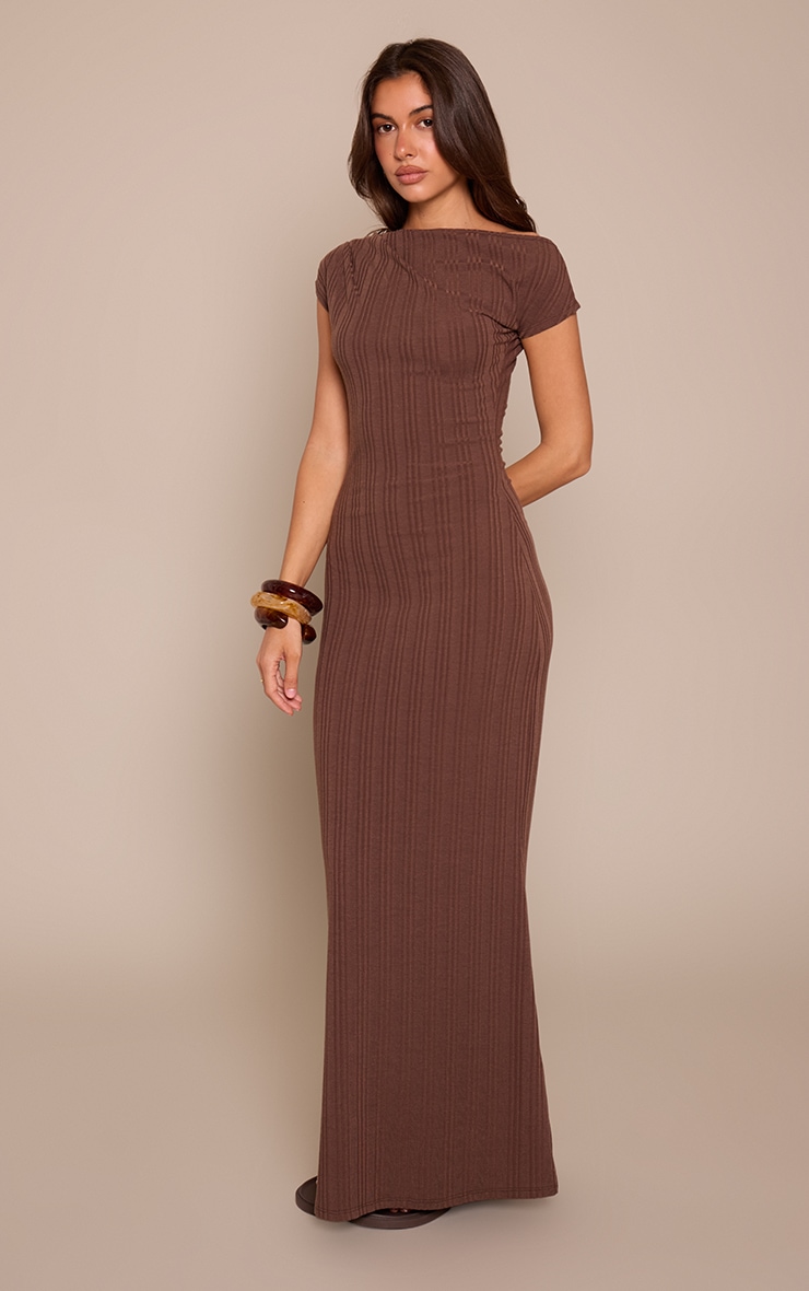 Chocolate Ribbed Asymmetric Sleeveless Maxi Bodycon Dress