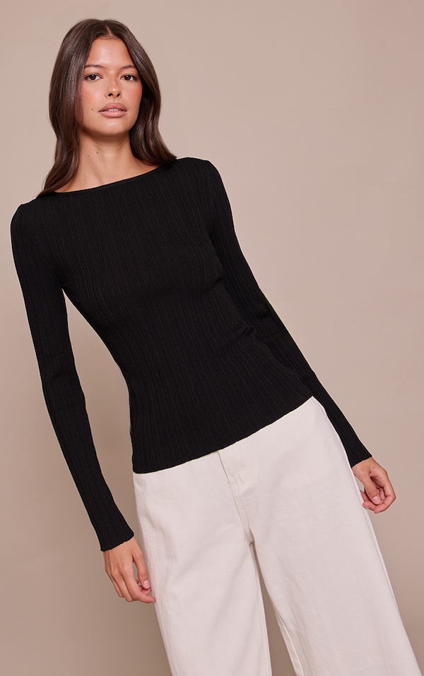 Black Fine Knit Boat Neck Rib Knit Top