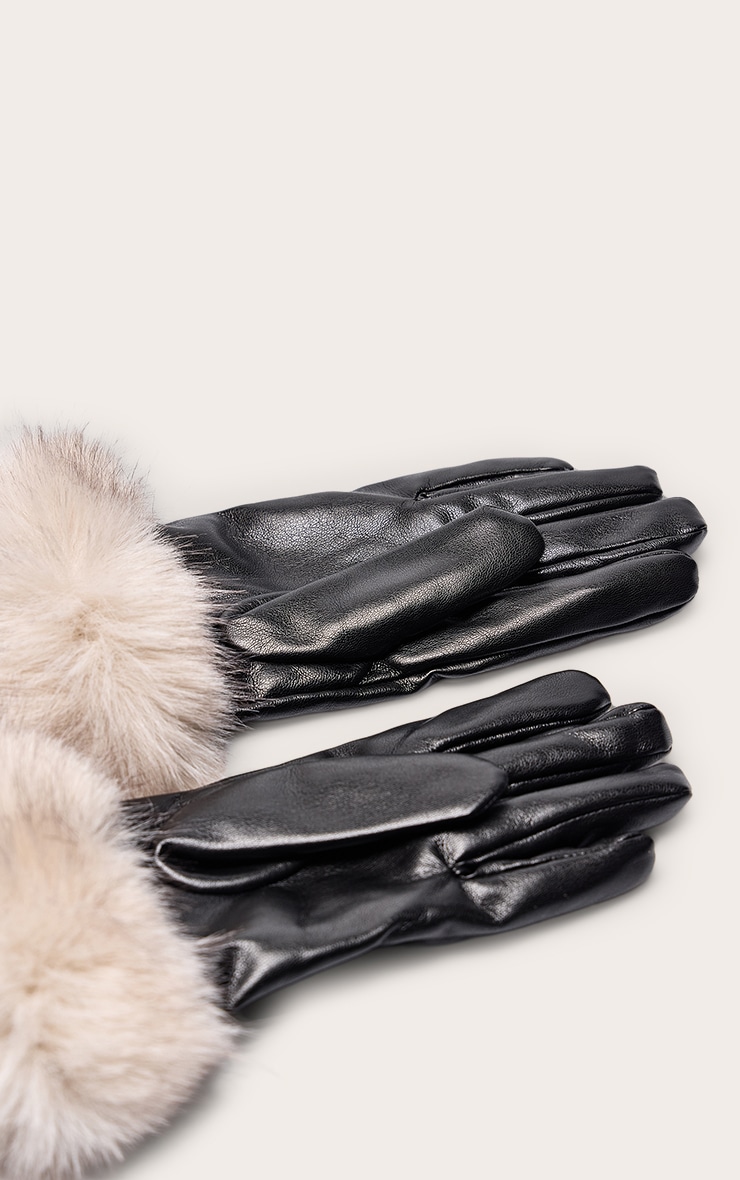 Black Contrast Fur Trim Gloves image 3