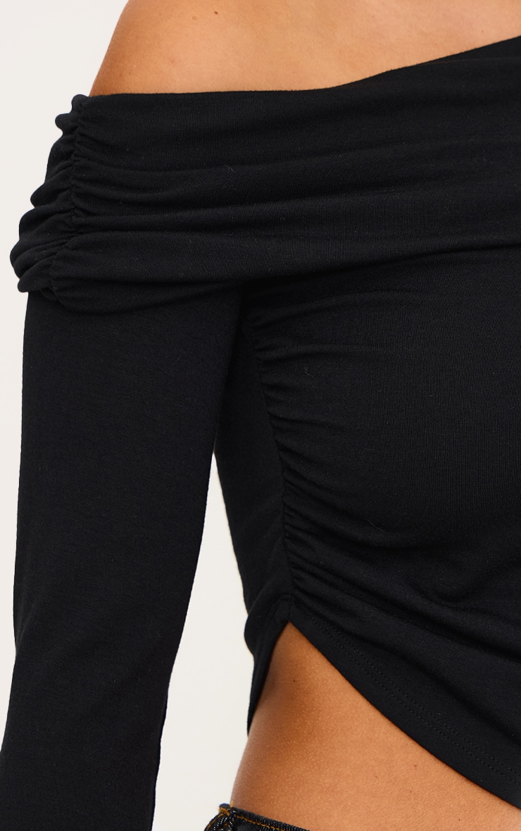 Black Contour Jersey Fold Over Detail Bardot Long Sleeve Top image 4