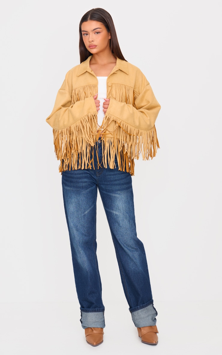 Camel Faux Suede Western Fringe Detail Jacket image 3