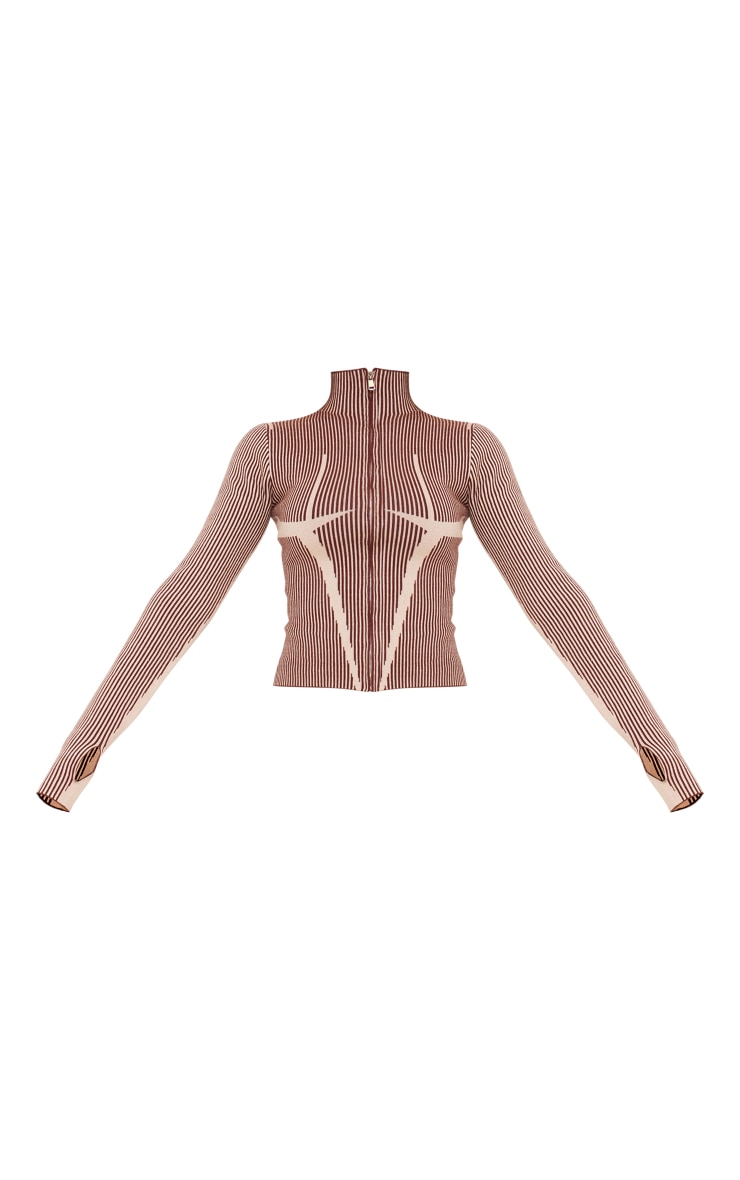Chocolate Two Tone High Neck Zip Up Knit Cardigan image 5