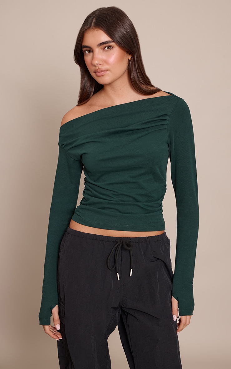 Forest Green Soft Cotton Ruched Asymmetric Long Sleeve Top image 1