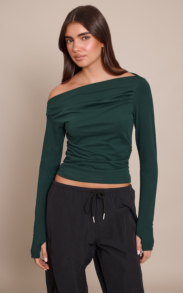 Forest Green Soft Cotton Ruched Asymmetric Long Sleeve Top