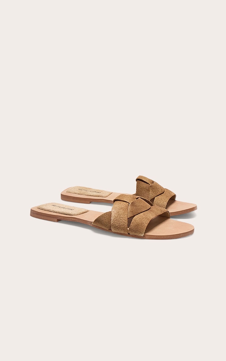 Beige Faux Suede Round Toe Flat Mule Sandals image 2
