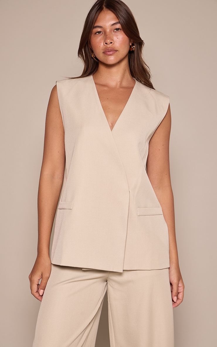  Almond Woven Collarless Oversized Shoulder Pad Vest image 1