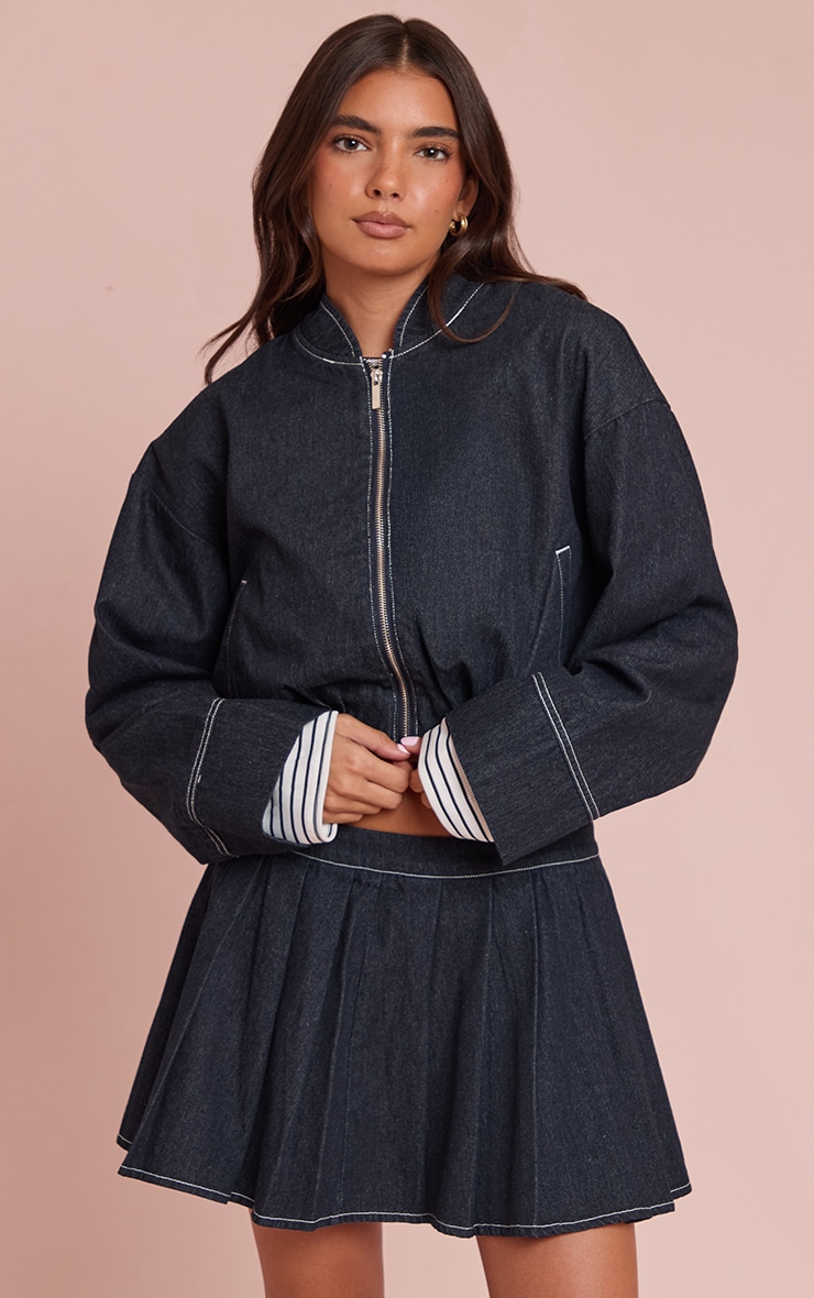 Veste bomber courte en jean indigo à ourlet bulle image 1