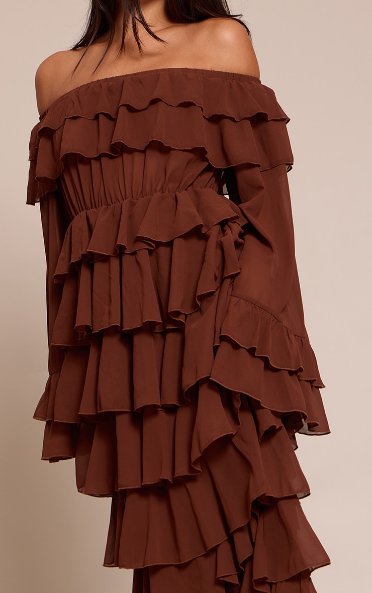 Chocolate Chiffon Bardot Extreme Frill Maxi Dress image 4