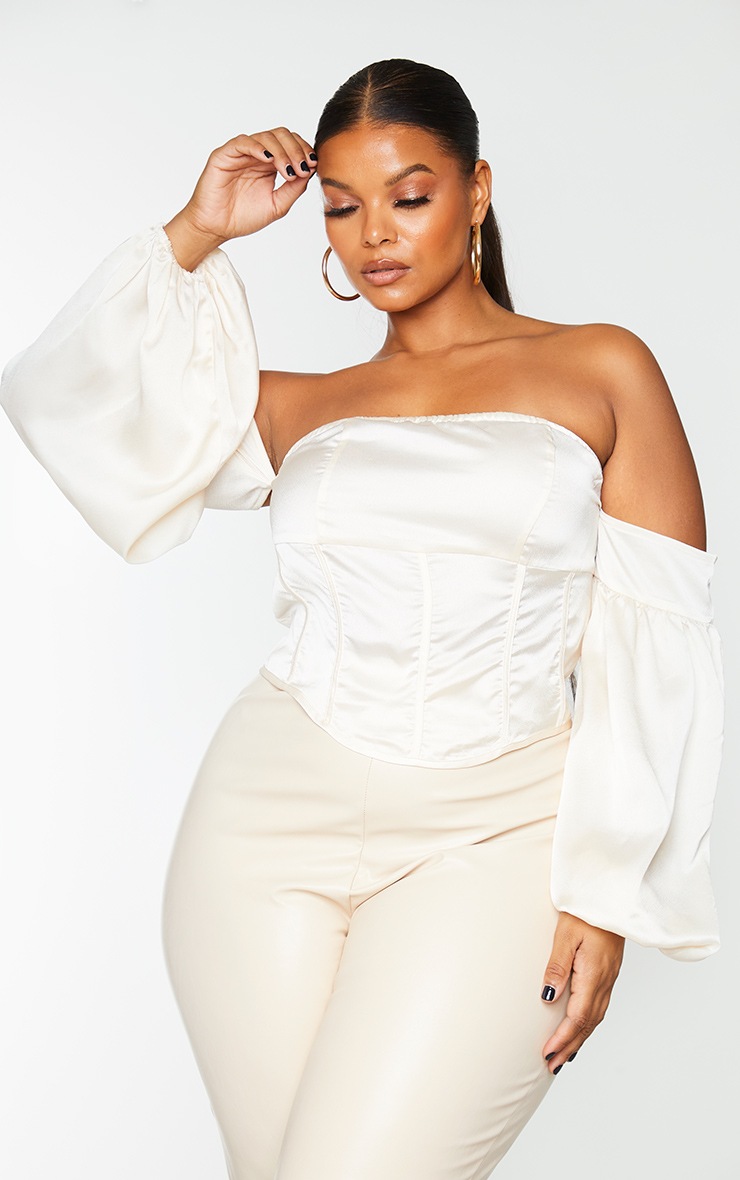 Plus Cream Satin Bardot Puff Sleeve Corset