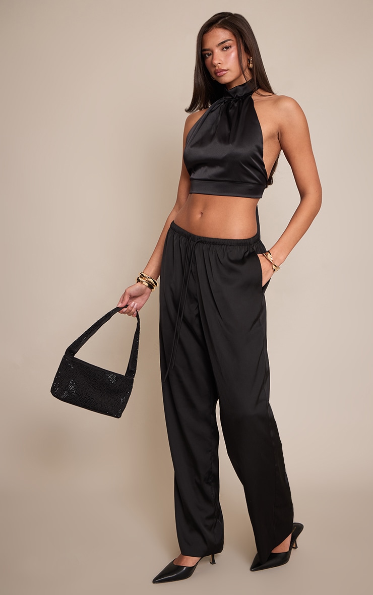 Black Satin High Neck Backless Top image 3