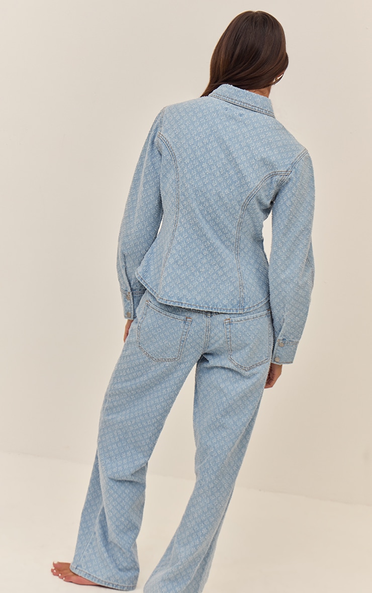 Light Blue Boucle Denim Balloon Sleeve Cinched Denim Shirt image 2