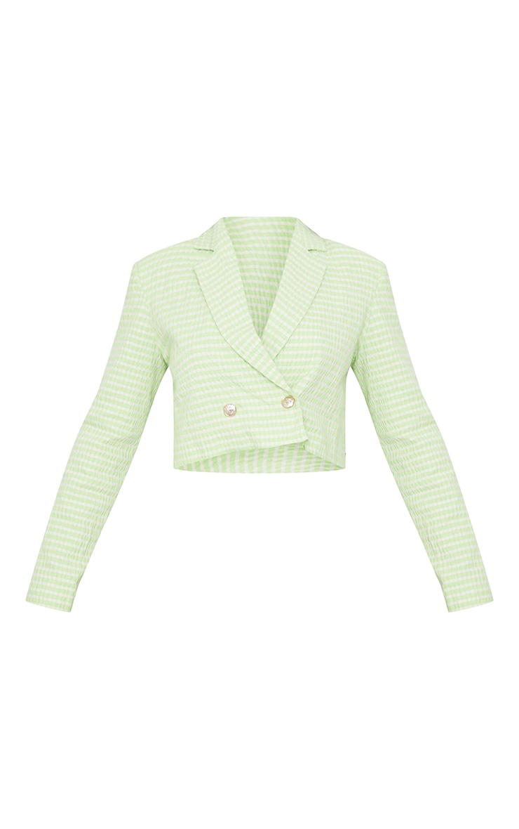 Green Boxy Cropped Gingham Blazer image 5