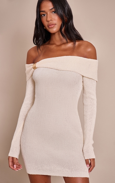 Tall Cream Bardot Trim Detail Knitted Dress