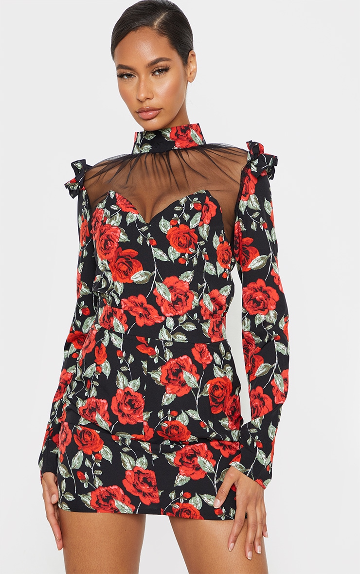 Black Rose Floral Print Frill Shoulder Mesh High Neck Bodysuit