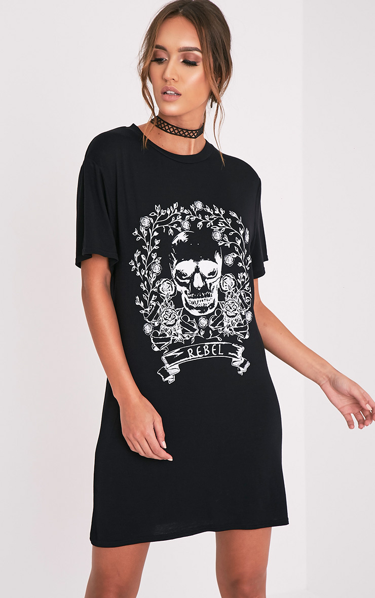 Rebel Skull Black Printed T shirt Dress Dresses PrettylittleThing