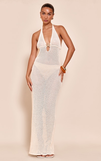 Stone Crochet Trim Detail Halter Maxi Dress