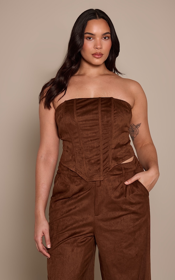 Plus Brown Faux Suede Corset Top