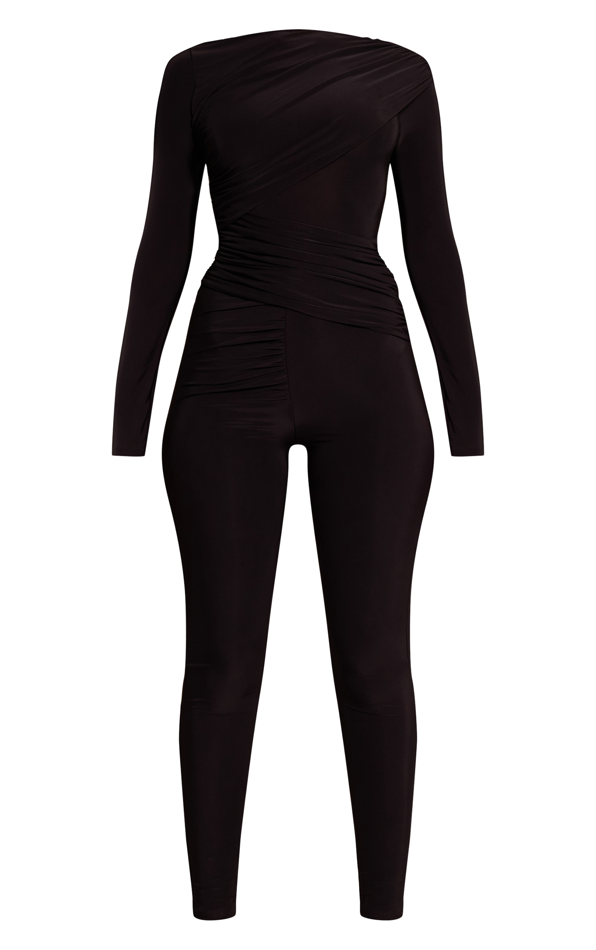 Black Slinky Long Sleeve Ruched Drape Jumpsuit image 5