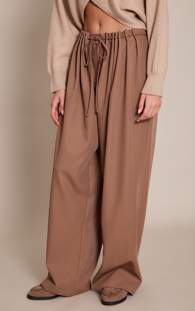 Light Brown Pleated Eyelet Waistband Wide Leg Pants image 2