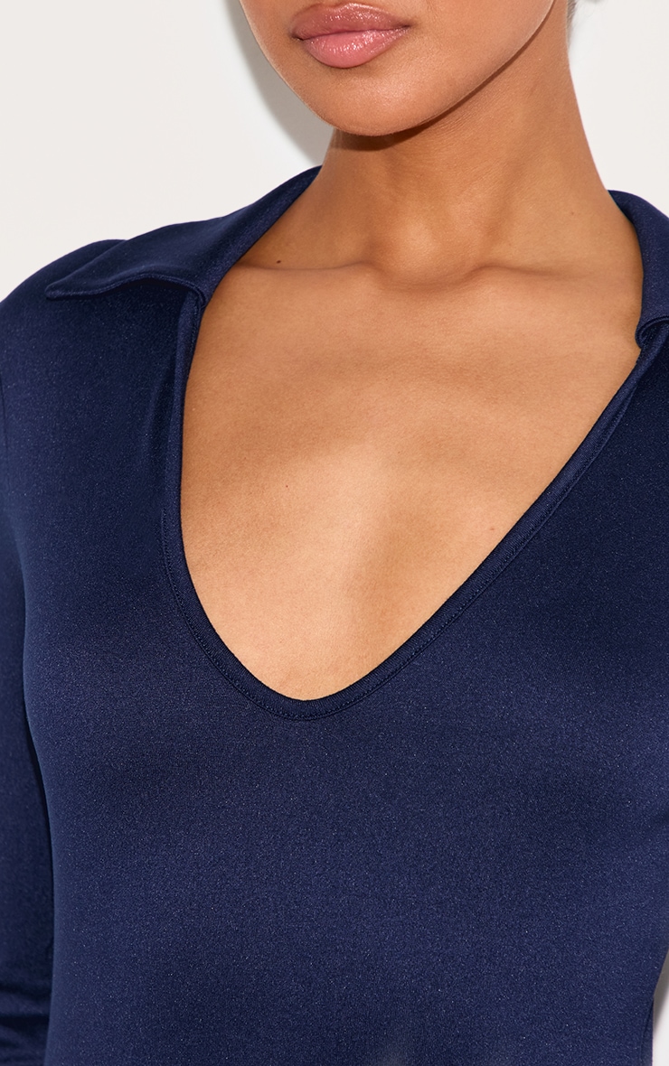  Navy Double Contour Collar Detail Long Sleeve Bodycon Dress - Image 4