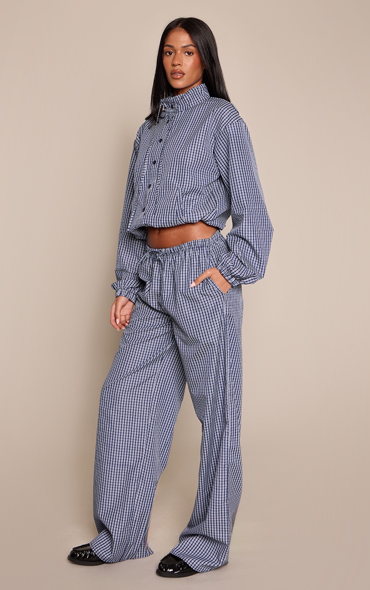 Tall Navy Check Drawstring Wide Leg Pants image 2