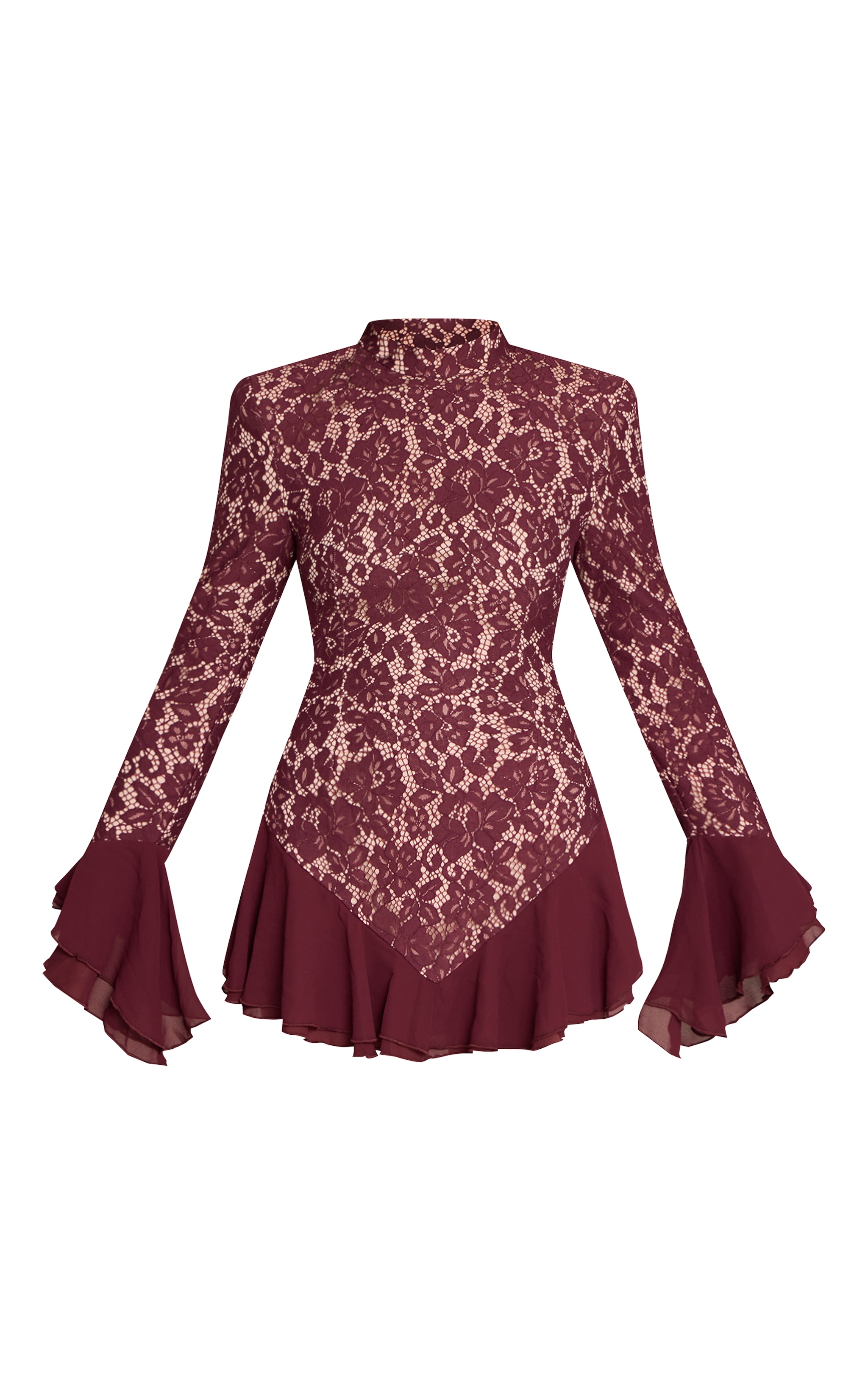 Wine Lace High Neck Frill Detail Mini Dress image 5