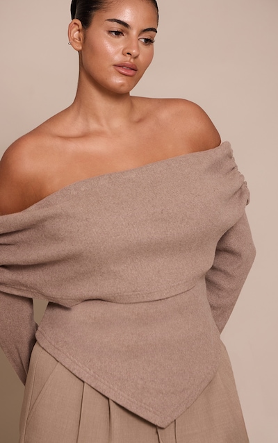 Plus Oatmeal Soft Touch Rib Off The Shoulder Long Sleeve Top