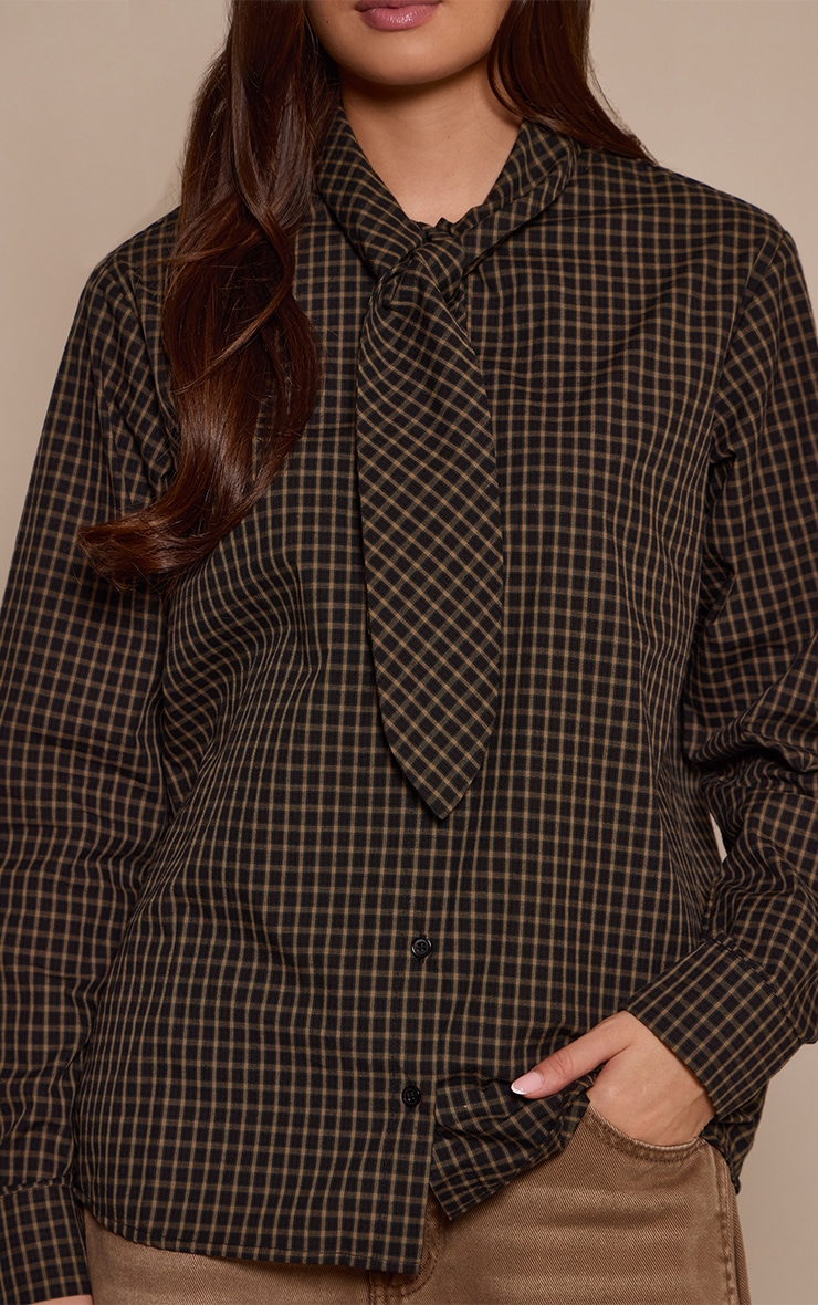Brown Check Cotton Tie Neck Detail Oversized Shirt  image 4