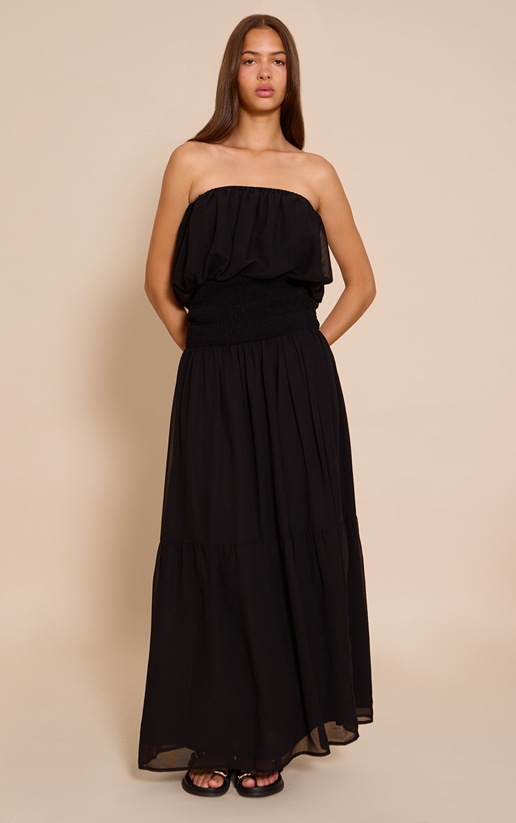 Robe bustier longue en mousseline de soie noire à taille froncée image 4