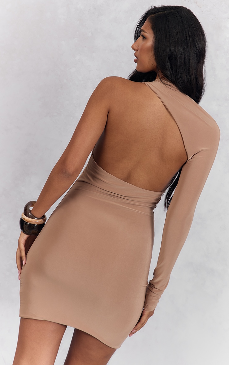 Beige Slinky One Sleeve Bodycon Mini Dress image 2