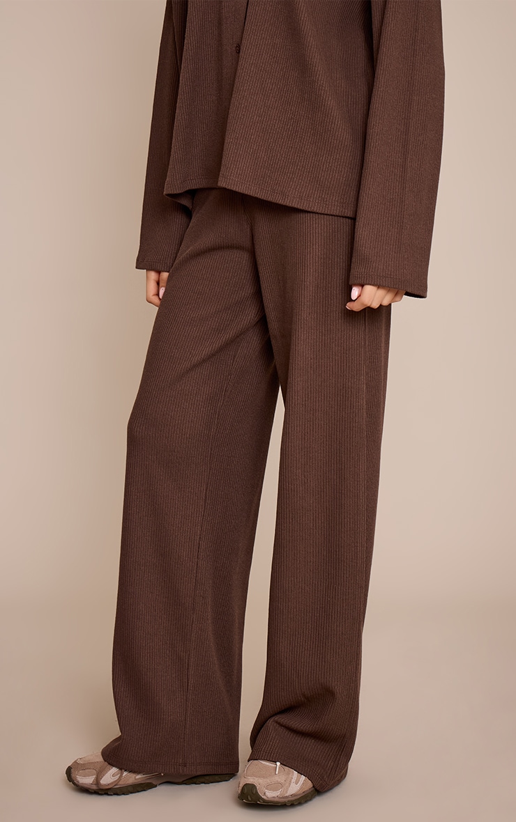 Dark Brown Heavy Rib Elasticated Waist Straight Leg Pants image 2