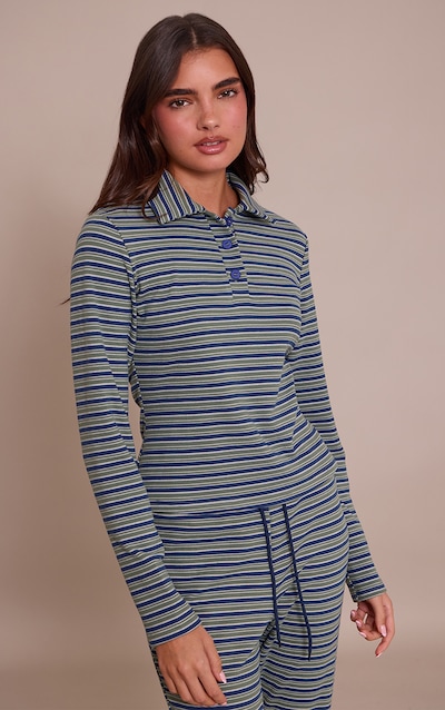 Green Soft Fleece Pinstripe Collar Detail Long Sleeve Top