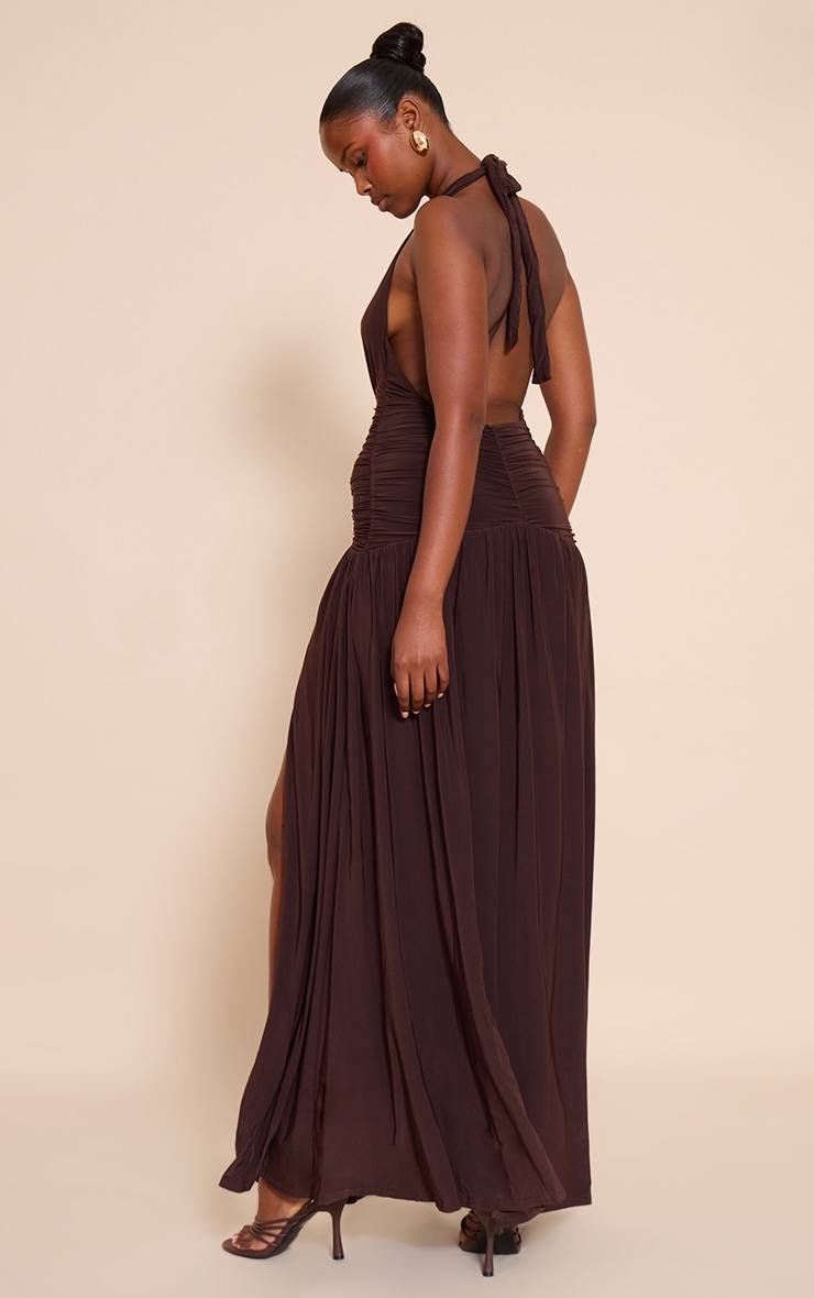 Chocolate Double Layer Slinky Ruched Detail Maxi image 2