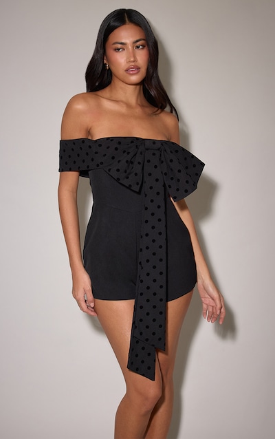 Black Woven Contrast Velvet Bow Playsuit