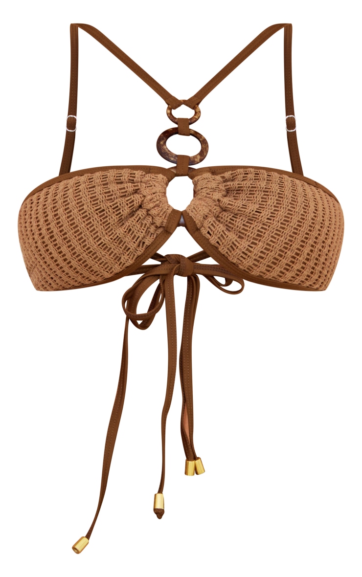 Brown Contrast Crochet O Ring Detail Halterneck Bikini Top image 5