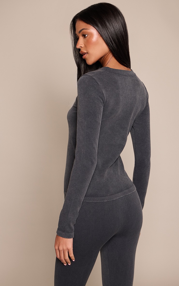 Tall Black Snatched Rib Long Sleeve Button Up Long Top image 2