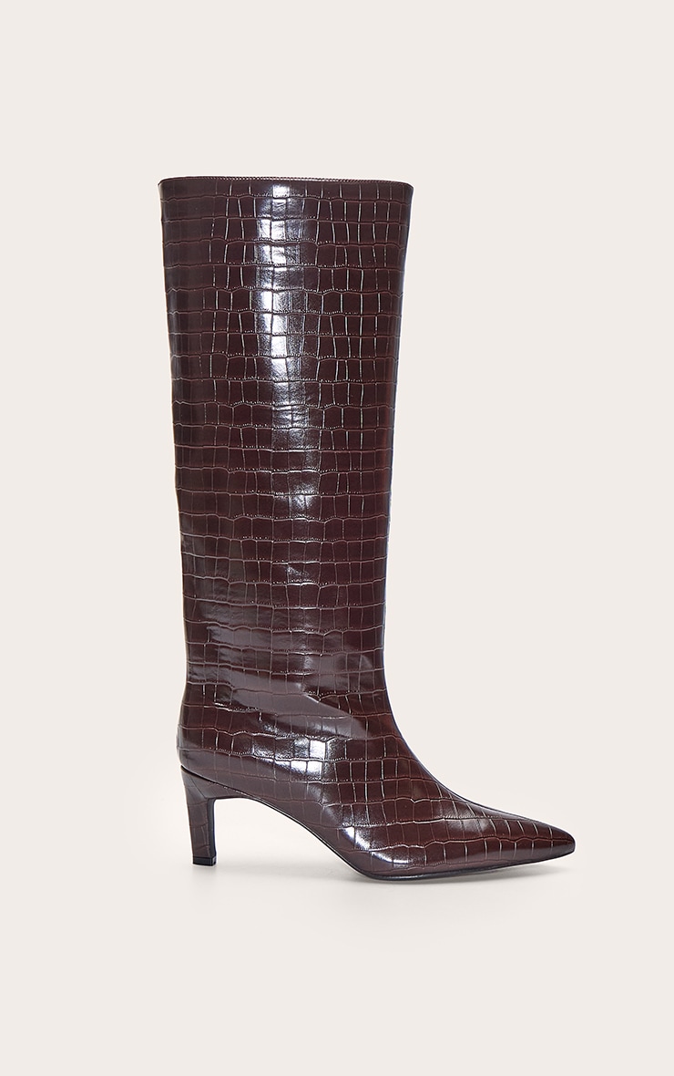 Chocolate Croc Kitten Heel Knee High Boot image 2