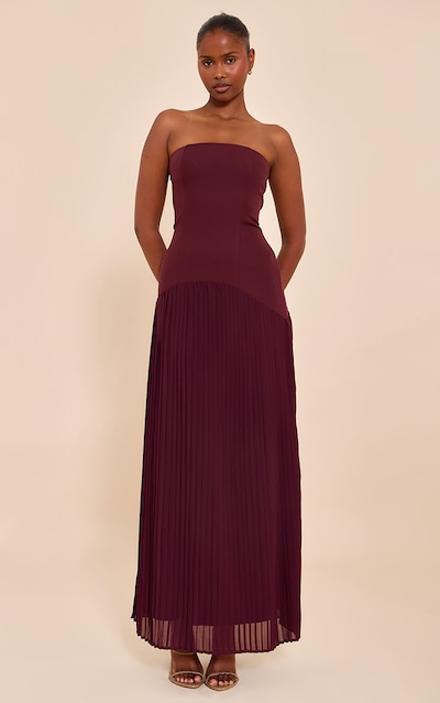 Plum Woven Bandeau Pleated Hem Detail Maxi Dress