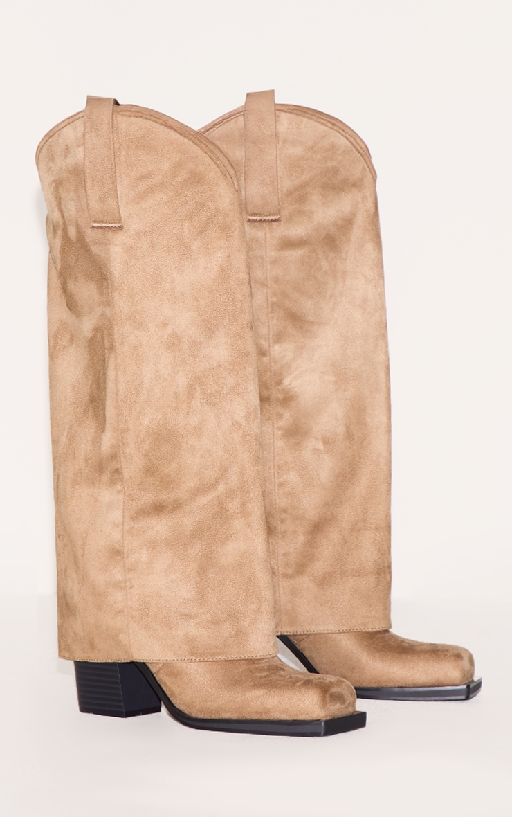 Stone Faux Suede Square Toe Fold Over Knee High Block Heel Western Boots image 2