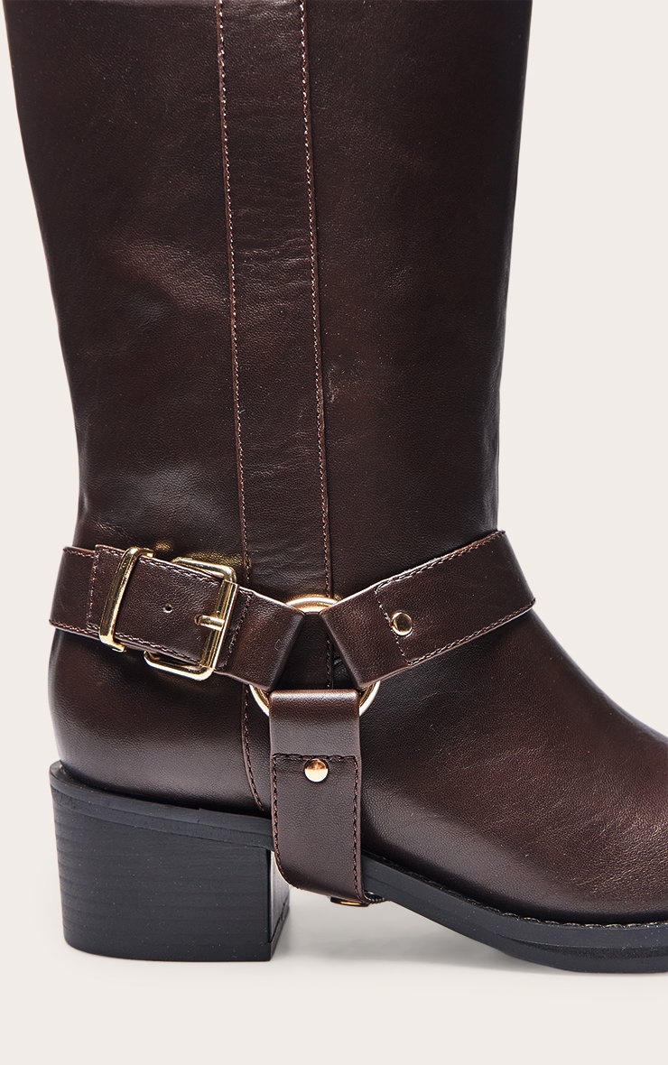 Chocolate PU Buckle Detail Knee High Boots image 5